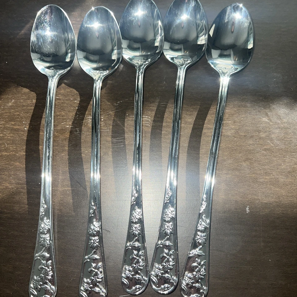 5 Ice Tea Spoons QUEEN'S GARDEN Reed & Barton Glossy Stainless Steel Flatware - Image 1 of 2