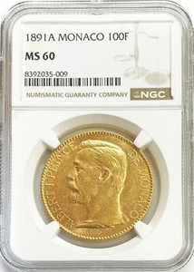 1891 A GOLD MONACO 100 FRANCS ALBERT I COIN NGC MINT STATE 60 PARIS MINT - Picture 1 of 2