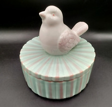 VTG Round Ceramic Jewelry Box Striped Ribbed Seafoam White Mauve Glaze Bird Top