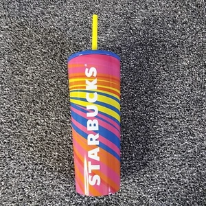 Starbucks Metal Cold Cup SS Multi Stripe Rainbow Pink Yellow Blue Orange NEW - Picture 1 of 3