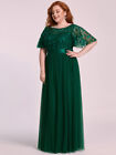 Women's Plus Size A-Line Short Sleeve Sequin Leaf Floor Length Evening Dresses