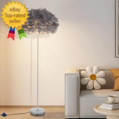 Lámpara de pie de plumas de 59 pulgadas, lámpara de pluma de ganso gris elegante lámpara de pie Foto 1 de 4