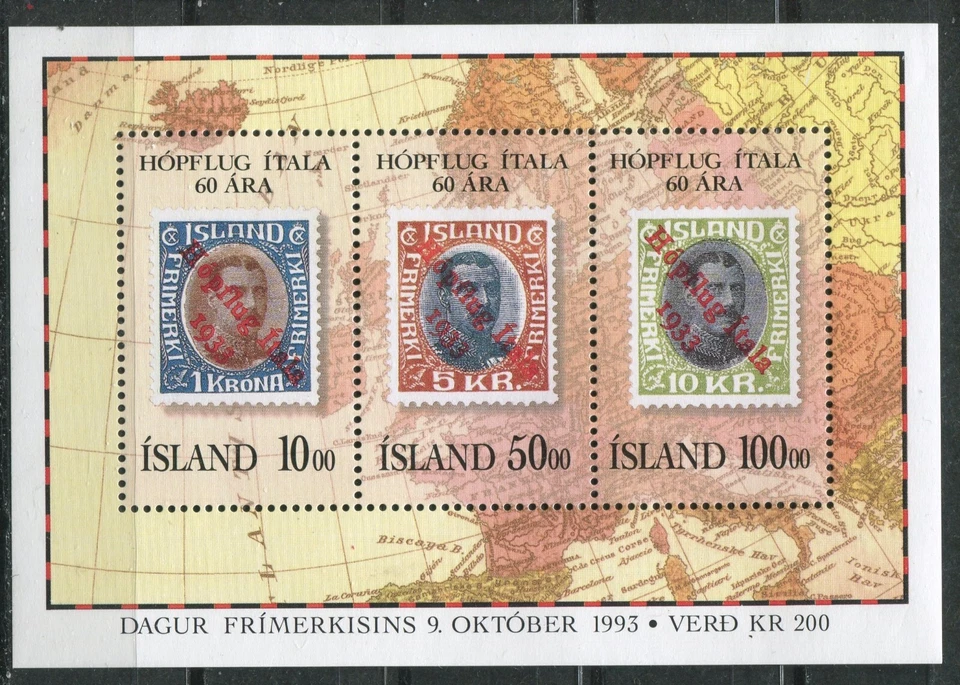 ICELAND 1993, ITALIAN TEAM FLIGHT - 60TH ANNIV. STAMP ON STAMP, Sc 772 S/S, MNH - Изображение 1 из 1