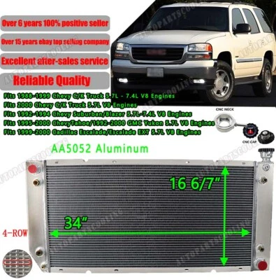 4Row Aluminum Radiator for 1992-2000 Chevy GMC Tahoe 1500/2500/3500 C/K Yukon V8 Foto 1 de 4