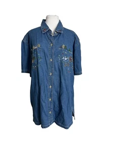 Vintage Bobbie Brooks Womens Size 14W/15W Denim Embroidered Shirt Ducks Apples - Picture 1 of 8