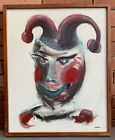 Vintage 60s Jester Portrait Oil Painting Mid Century Modern Wall Hanging Signed