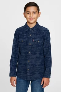 Levi’s Boys Youth Large 12-13 Years Denim Red Tab Snap Western Shirt Aztec Jean - Picture 1 of 9