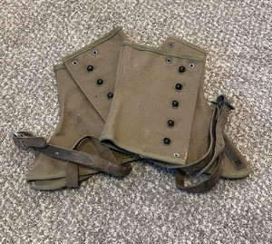 Vintage Pair Military Spats Gaiters Boot Covers WWII Canvas, Leather Straps - Picture 1 of 7