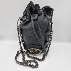 Vintage Diesel Black Leather Shoulder Drawstring Bag Chain Goth Medieval Rare - Picture 1 of 24