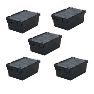 5 Recycled Plastic Storage Boxes Heavy Duty Eco Black Crates with Lids Set of 5 - Picture 1 of 24