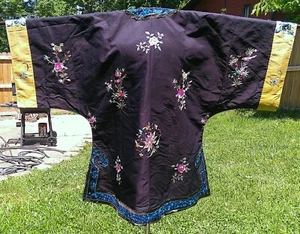 Antique Embroidery Black Silk Chinese Robe Jacket to Restore Birds Bamboo - Picture 1 of 16