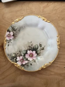 8.5” Hand Painted Plate, France, Pink Flowers, Good Trim - Picture 1 of 4