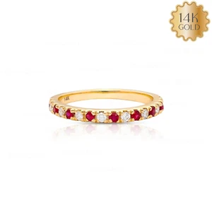 14K Gold Genuine Diamond Ruby Alternating Half Eternity Band Fine Jewelry Ring - Picture 1 of 16