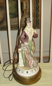 Antique Capodimonte Italy Figural Table Lamp Victorian Man Lamp Long Coat Hat - Picture 1 of 12