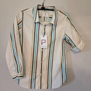 Denim & Flower Boys Shirt 11-12 Beige with Brown & Aqua Stripes Long Sleeve NWT - Picture 1 of 8