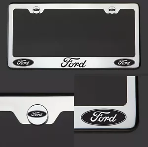New Chrome T304 License Plate Frame Tag Ford Black Letter Laser Etched Engraved - Bild 1 von 7