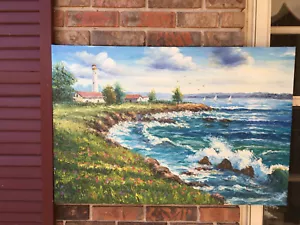 "Pintura al óleo sobre lienzo - FARO/PAISAJE MARINO/VELEROS 24""x36" - Imagen 1 de 2