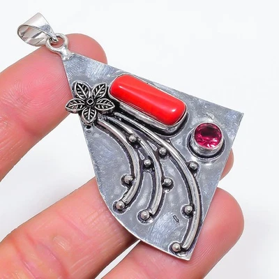 Colgante italiano de plata de ley 925 con piedras preciosas de rubillita de coral rojo 2,36" J353 Foto 1 de 2