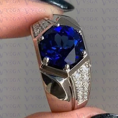 Anillo para hombre enchapado en platino 950PT de zafiro natural de corte redondo con diamantes de 4,50 quilates Foto 1 de 4