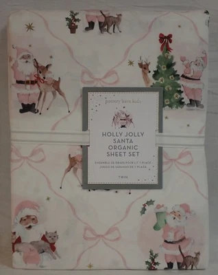 NWT POTTERY BARN KIDS HOLLY JOLLY SANTA TWIN 100% COTTON SHEET SET w/ PILLOWCASE - Image 1 of 4
