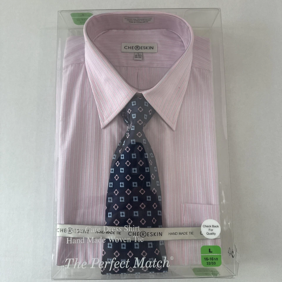 Camisa social listrada rosa/azul Ron Chereskin com gravata manga longa grande 16-16,5 NOVA - Imagem 1 de 4