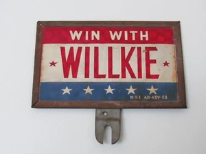 WIN WITH WILLKIE 1940 PRESIDENTIAL REFLECTIVE POLITICAL LICENSE PLATE TOPPER FDR - Picture 1 of 4