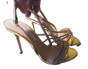 Diane Von Furstenberg Rhinestone strappy 4" Heels Slingback Sandals Gold 6.5 FAB - Picture 1 of 14