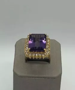 18k Solid Yellow Gold Purple Amethyst 17.9x12.7 mm Cubic Zirconia Ring - Picture 1 of 7