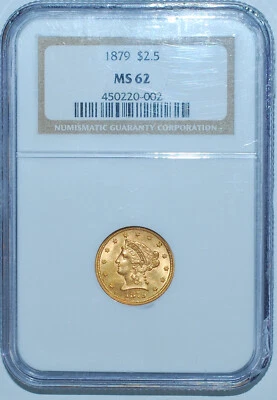 1879 年 P 版 NGC 评级 MS62 2.50 美元自由女神头像 25 美分鹰 — 第 1/2 张图片