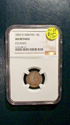 1853 O ARROWS Seated Dime NGC ABOUT UNCIRCULATED 10C SILVER Coin PRICED TO SELL! - Image 1 of 4
