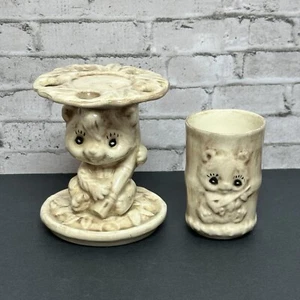 Vintage Ceramic Toothbrush Holder & Cup Bathroom Decor - Picture 1 of 15