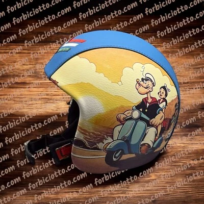 Casco vintage in pelle personalizzato Braccio di Ferro Popeye In Vespa S M L XL - Immagine 1 di 4