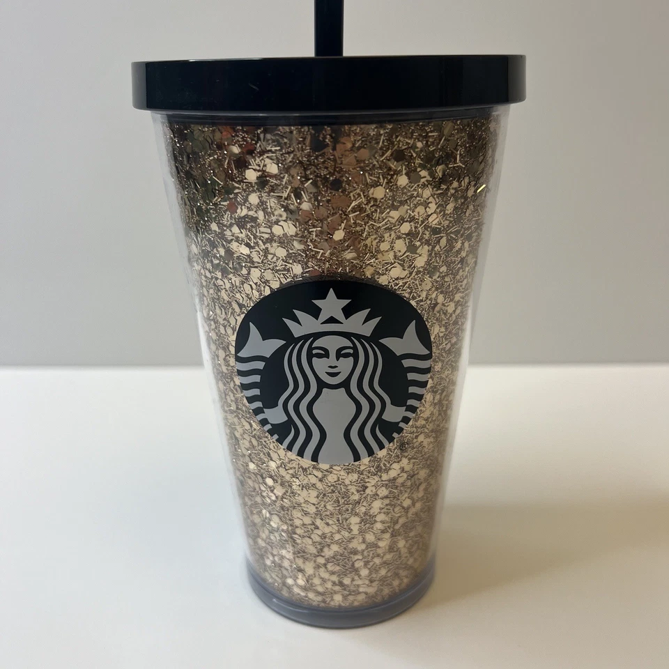 Starbucks Negro Rosa Oro Brillante Brillo Taza Fría 16oz Acrílico Vaso Grande NUEVO Foto 1 de 4