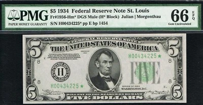 $5 1934 St. Louis Mule Star FRN. TOUGH GEM MULE STAR. PMG 66 EPQ - Image 1 of 4