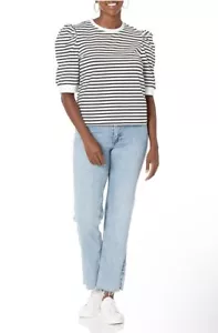 T-shirt girocollo donna bianca e nera a righe manica a sbuffo Medium The Drop nuova - Foto 1 di 5