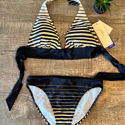 Conjunto de biquíni listrado Gottex 8 náutico preto branco ouro gravata halter roupa de banho retrô  - Imagem 1 de 4