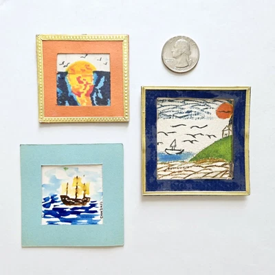 Pequeñas pinturas arte original acuarela paisaje marino náutico barco océano puesta de sol 3 piezas Foto 1 de 4