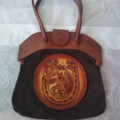 Bolso Cartera Herradura Caballo Cuero Tooled + Gamuza De Colección Foto 1 de 4