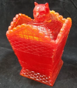 GERALDINE RED GLASS Cat On Cesta SUMMIT Greentown Candy Dish Cadmio - Imagen 1 de 19