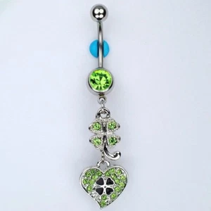 Clover and Heart Shamrock St Patricks Dangle Belly Button Navel Ring Bar (B6) - Picture 1 of 2