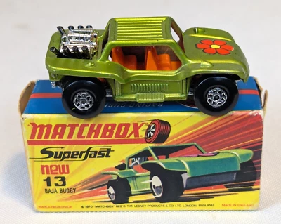 Matchbox Lesney Superfast MB13 Lime Green Black Pipes Baja Buggy w/H Style Box - Image 1 of 4