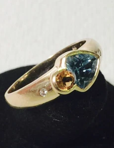 14K Yellow Gold Blue Topaz, Citrine and Diamond Art Ring Size 10.25 - Picture 1 of 12