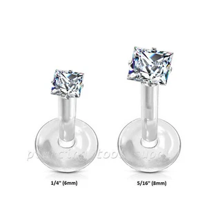 2pcs. 16G Square CZ Prong Set Top Bio-Flex Push-In Labret Helix Tragus Piercing - Picture 1 of 5