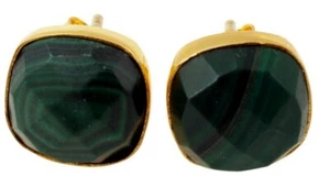 Nuevos pendientes de tachuelas de plata chapados en oro 18k hechos a mano verde malaquita corte cojín - Imagen 1 de 3