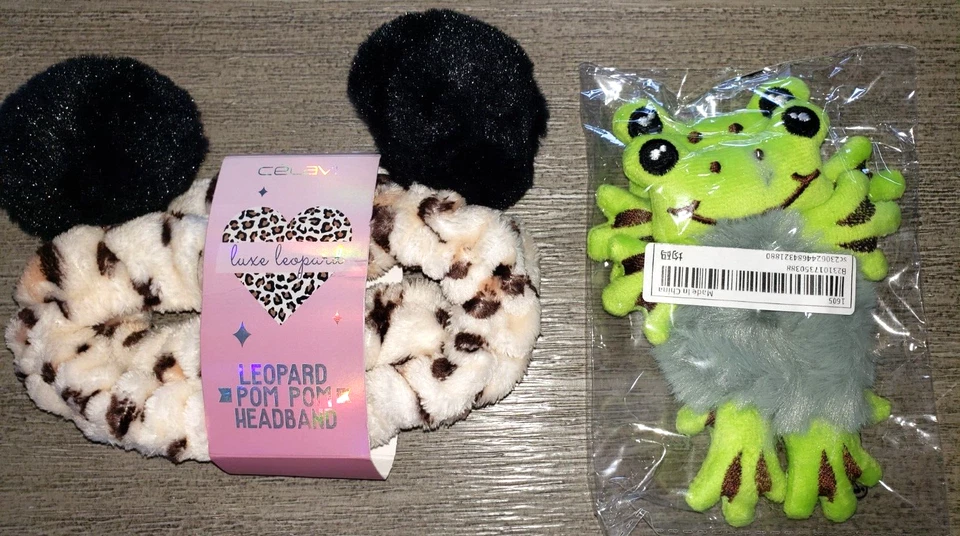 2 NEW NWT HAIR TIES FROGS 2 IN PACK LEOPARD POMPOM HEADBAND ONE SIZE PLUSH - Image 1 of 1