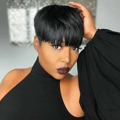 Pixie wigs for Black Women 100% Human Hair Short Wigs with Bangs Layered Cut - Image 1 of 4