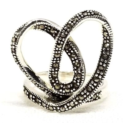 (SIZE 6,7,8,9)  Looping Linear HEART RING Marcasite Stones .925 STERLING SILVER Foto 1 de 3