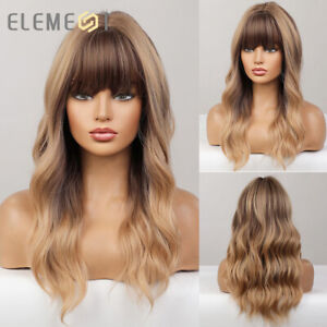 Long Ombre Brown mix Blonde Highlights Hair Wigs with Bangs for Women Synthetic