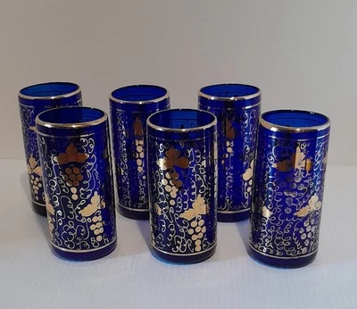 Juego de 6 uvas doradas azul cobalto cristalería marroquí Verre bronce 12 oz Foto 1 de 3