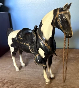 Vintage Breyer WESTERN PONY Black & White Pinto Horse with Saddle - Picture 1 of 8